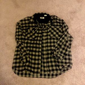 2XL Flannel from Timber Trails in tan, black, and red lining.